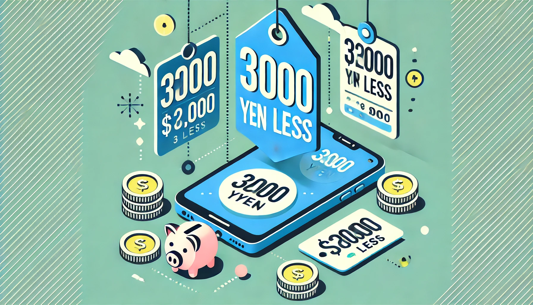 "An image of a smartphone with a large price tag showing '3000 yen' or less, symbolizing a reduction in smartphone costs. The background features simple, calming colors like blue and green. Additional icons of coins and a piggy bank represent savings. The design is clean and modern, appealing to those looking to reduce their smartphone bills."