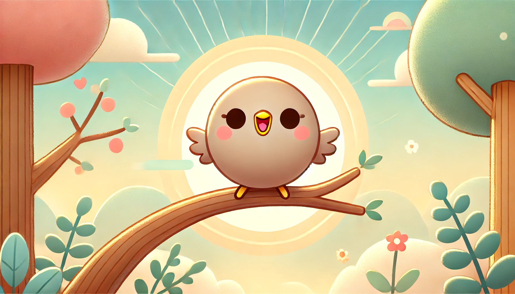 bird mascot, simplicity, happiness, peaceful nature, tree branch, cheerful bird, serene landscape, sunlight, gentle light, finding joy, soft colors, calm atmosphere, simple living, contentment