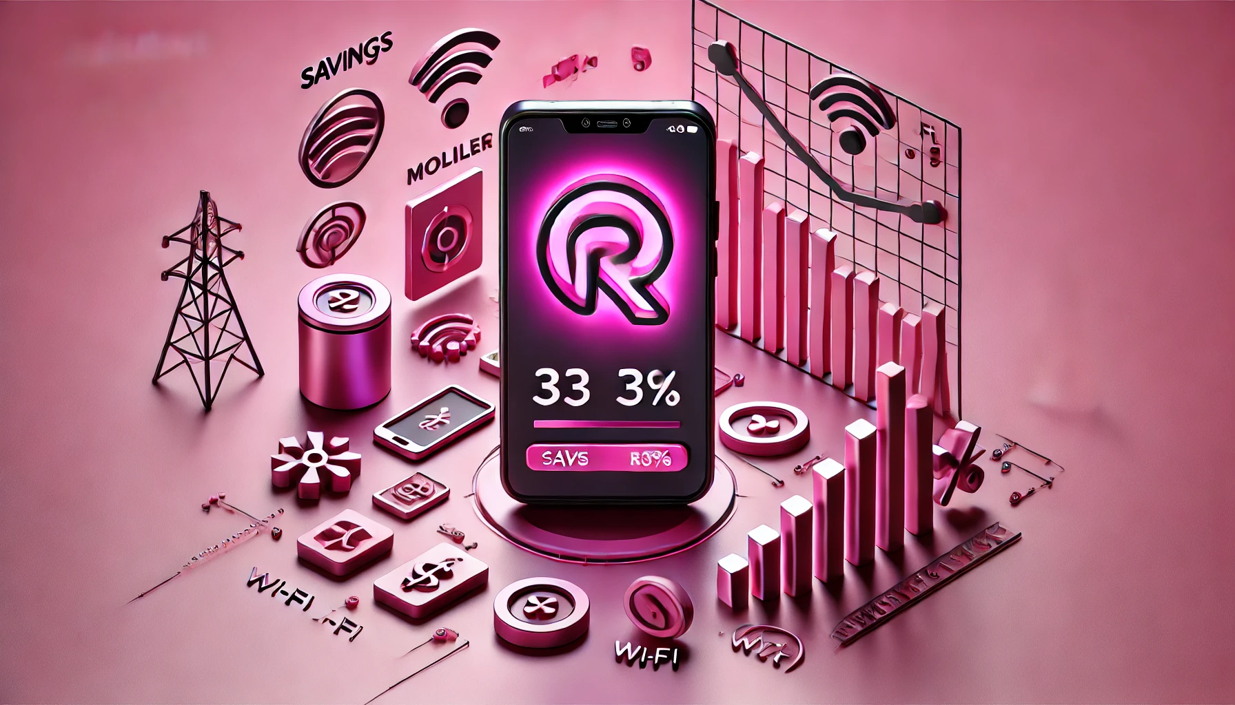 smartphone, Rakuten Mobile logo, savings, mobile data, Wi-Fi, shocking pink background, chart, decreasing costs