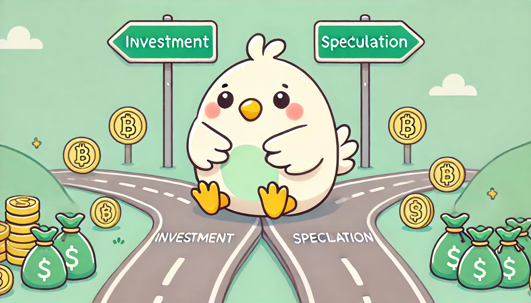 Two paths labeled 'Investment' and 'Speculation', with a small, cute bird mascot in pale beige and pale green accents sitting to the side. The 'Investment' path is safe and steady, while the 'Speculation' path is risky and steep. The overall image is soft and approachable, designed for beginners.