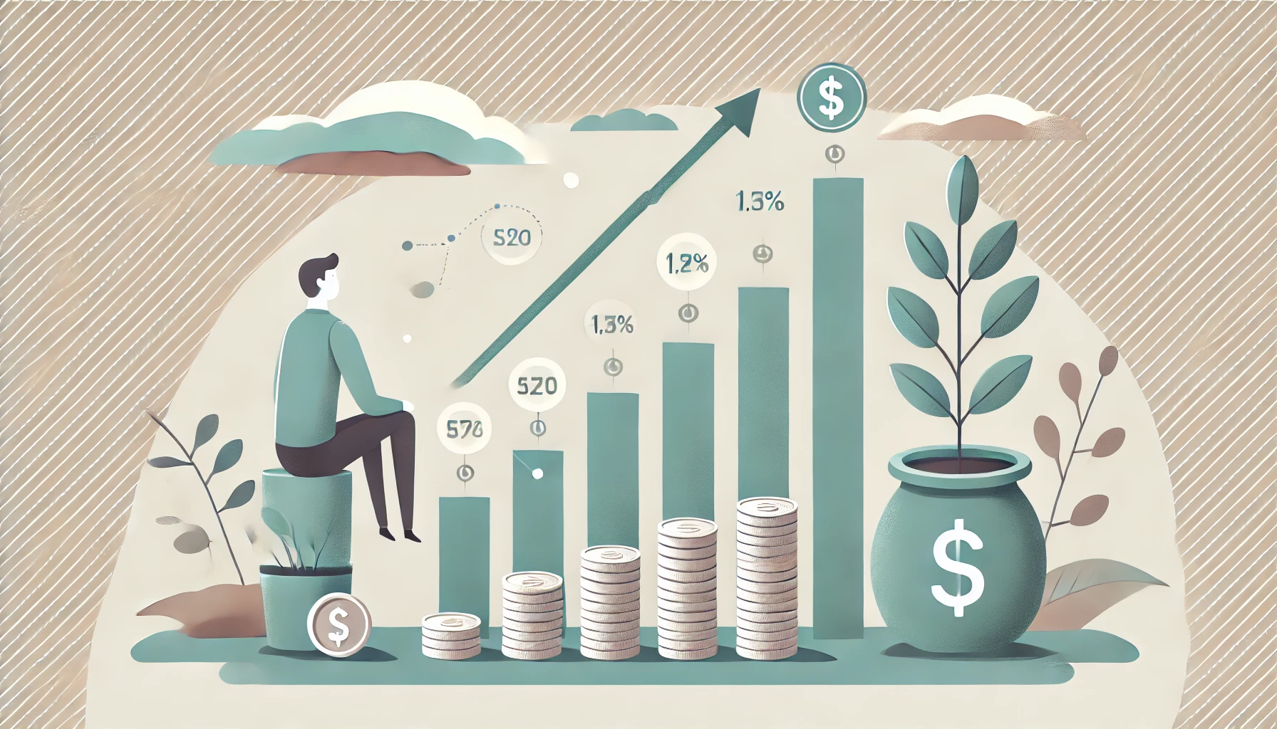 financial growth, investment, rising charts, stacks of coins, person reviewing investments, long-term planning, stability, minimalistic illustration