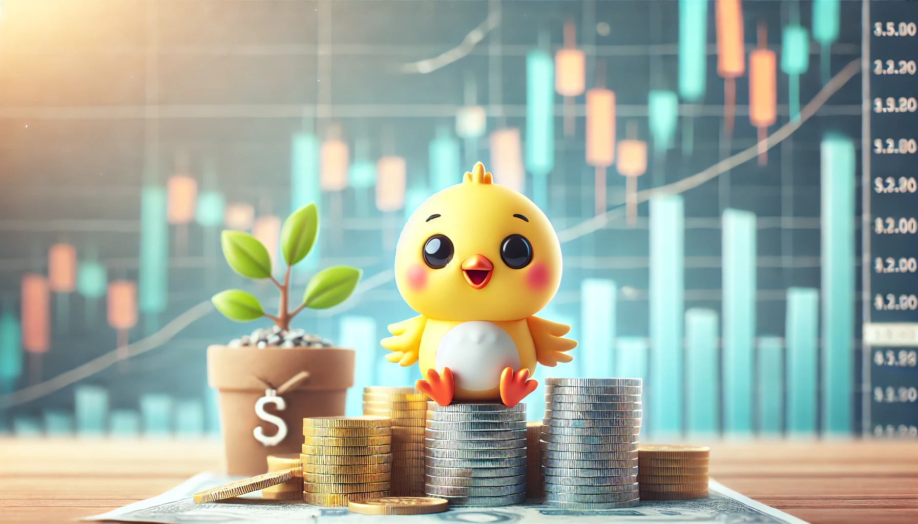 Cute bird mascot sitting on a stack of coins with stock market charts in the background, representing long-term investment and growth